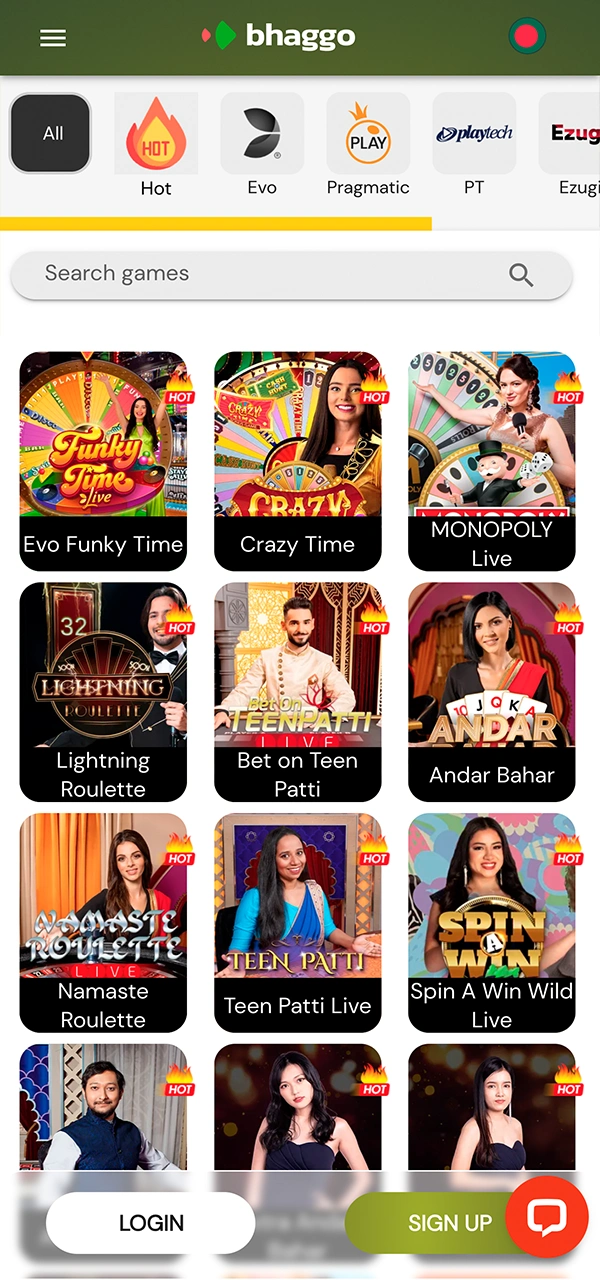 Bhaggo App live-casino games.