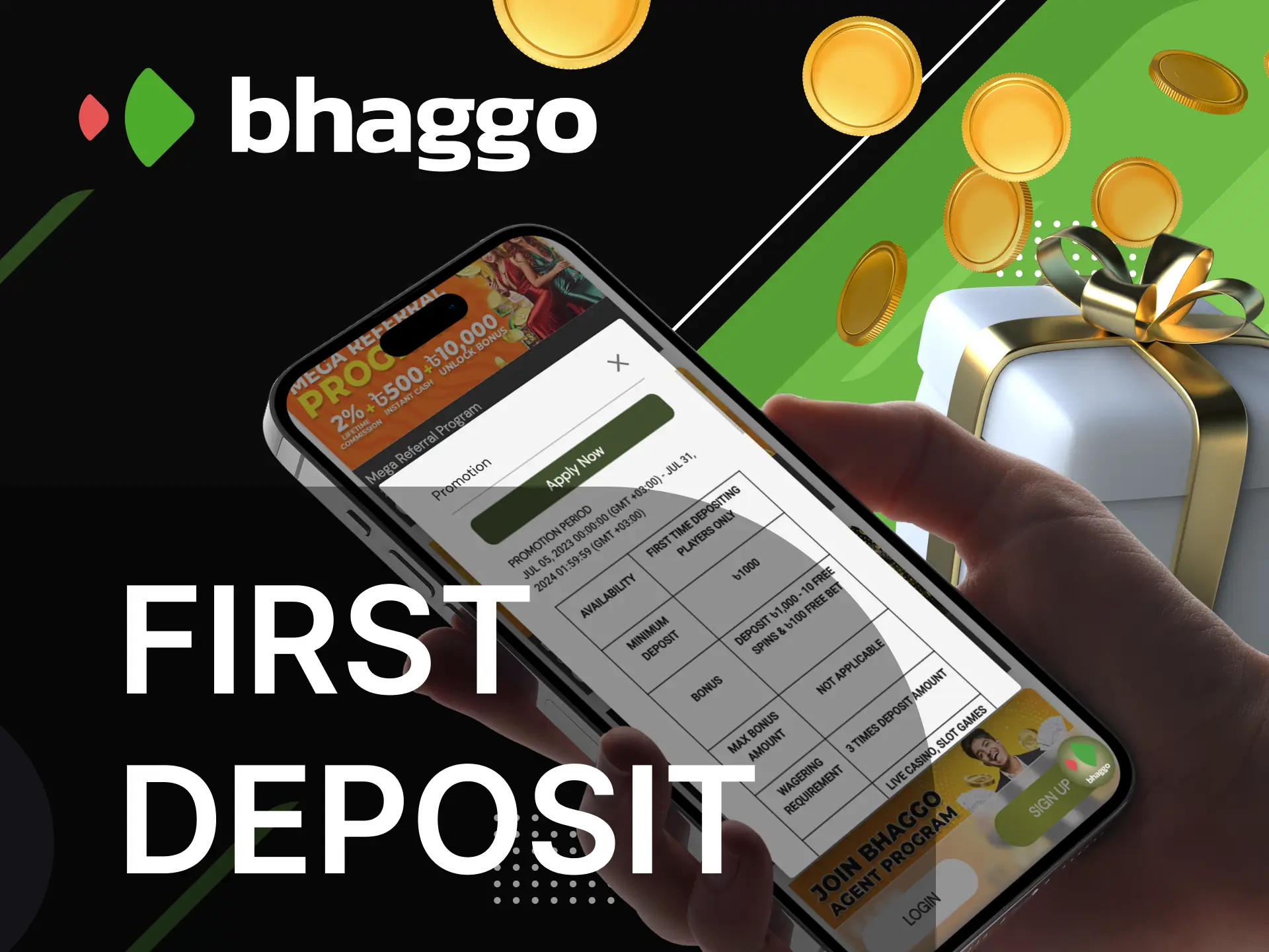 What is the size of the first deposit bonus on the Bhaggo online casino website.