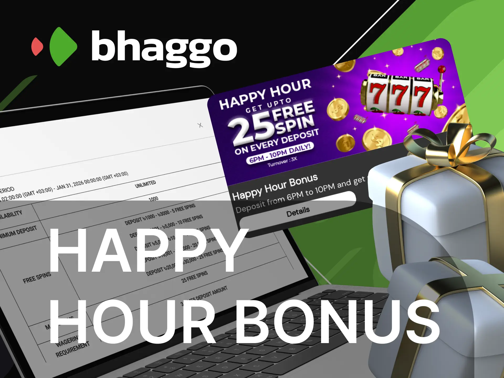 What is the Happy Hour Bonus on the Bhaggo online casino website.