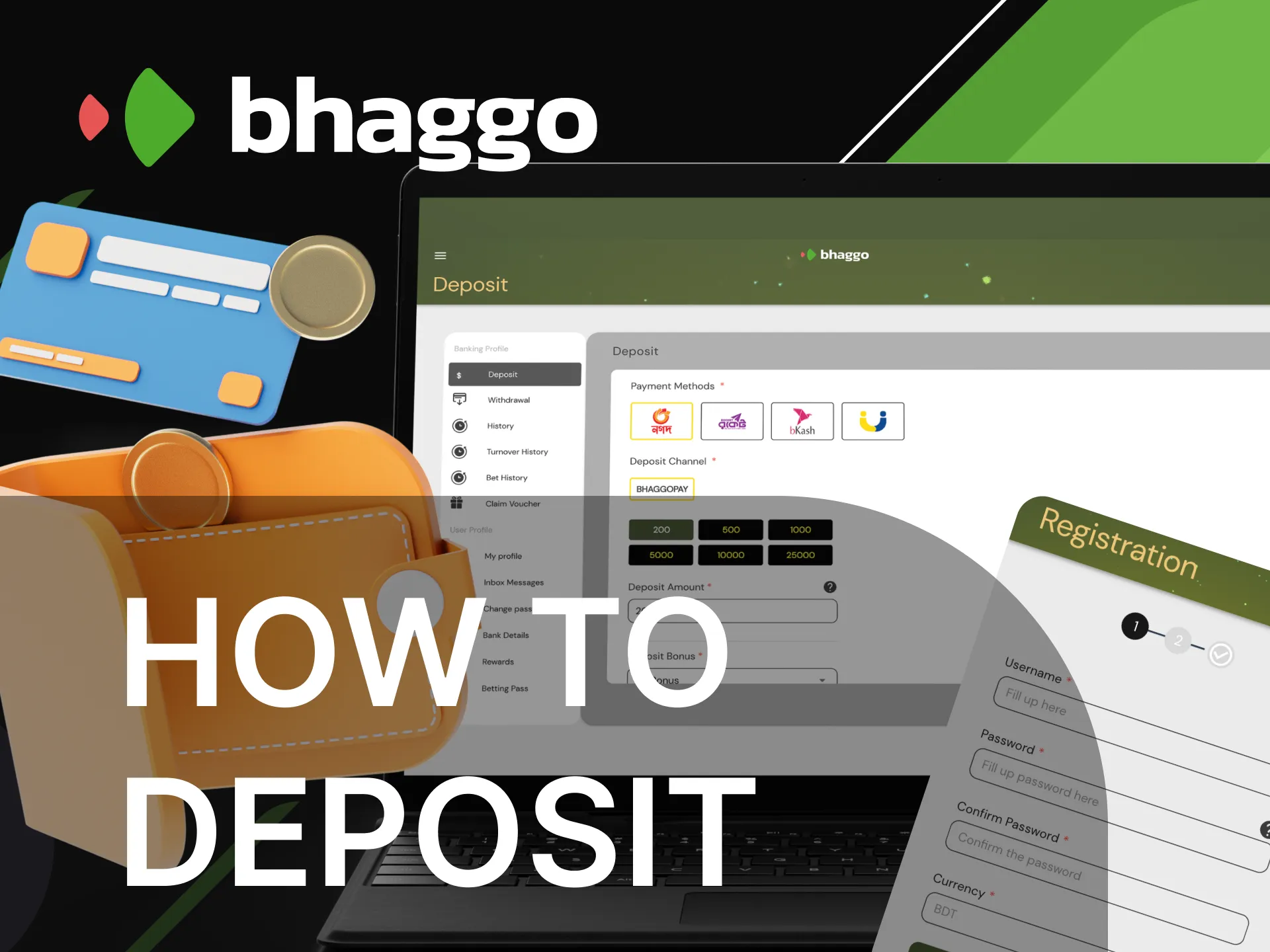 Instructions for players on how to make a deposit on the Bhaggo online casino website.