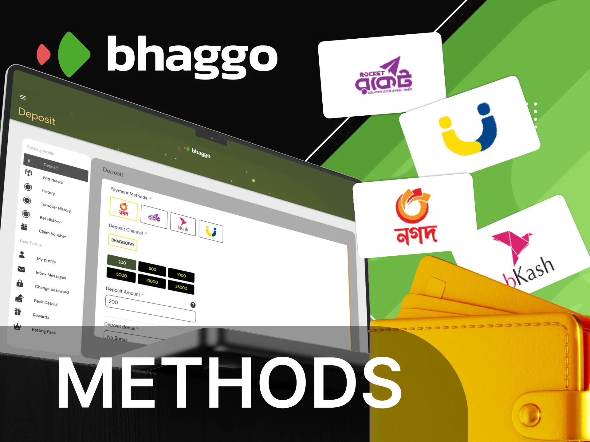 What payment methods are available for deposits on the Bhaggo online casino website.