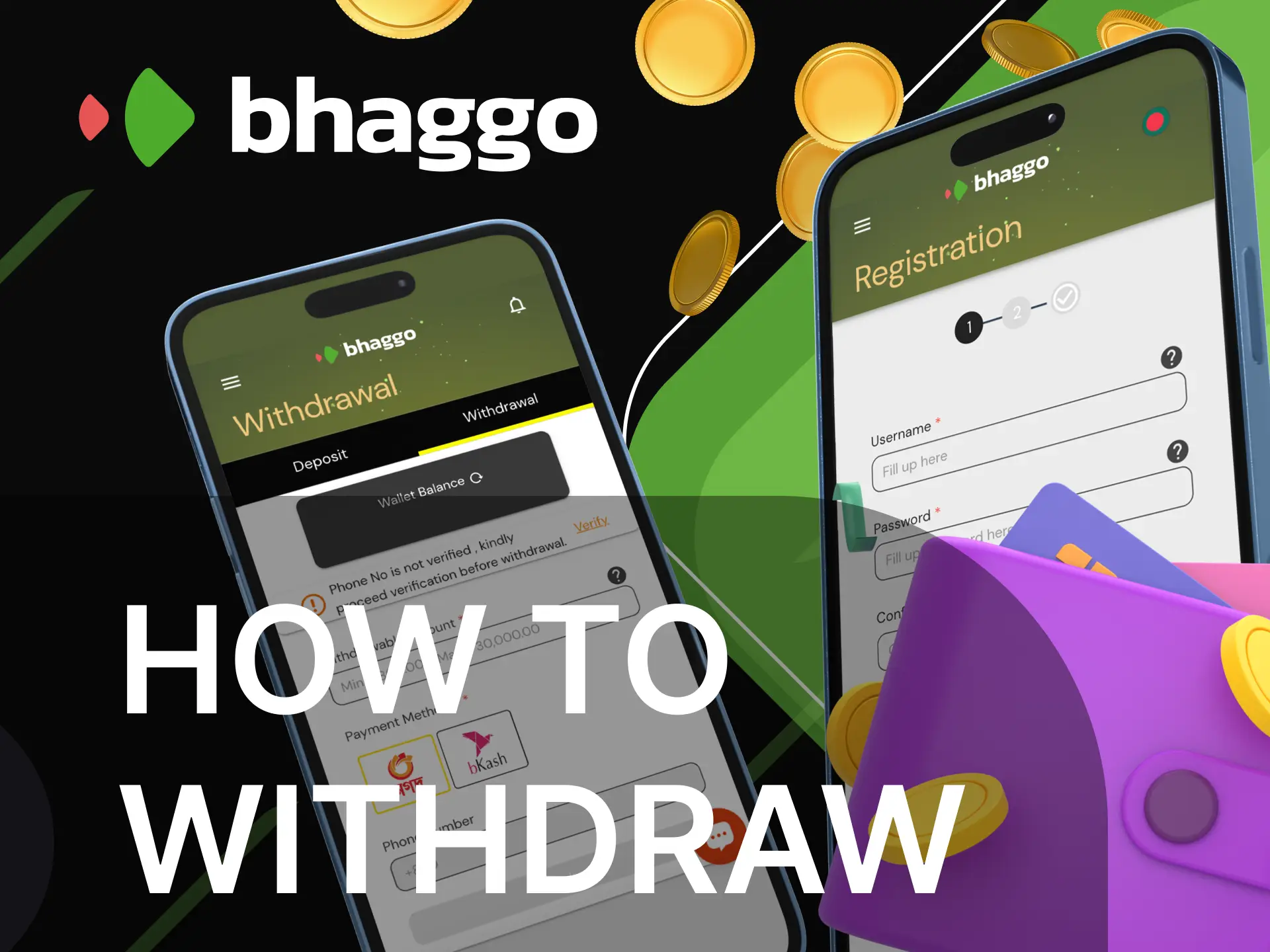 Instructions for users on how to withdraw money from their account on the Bhaggo online casino website.