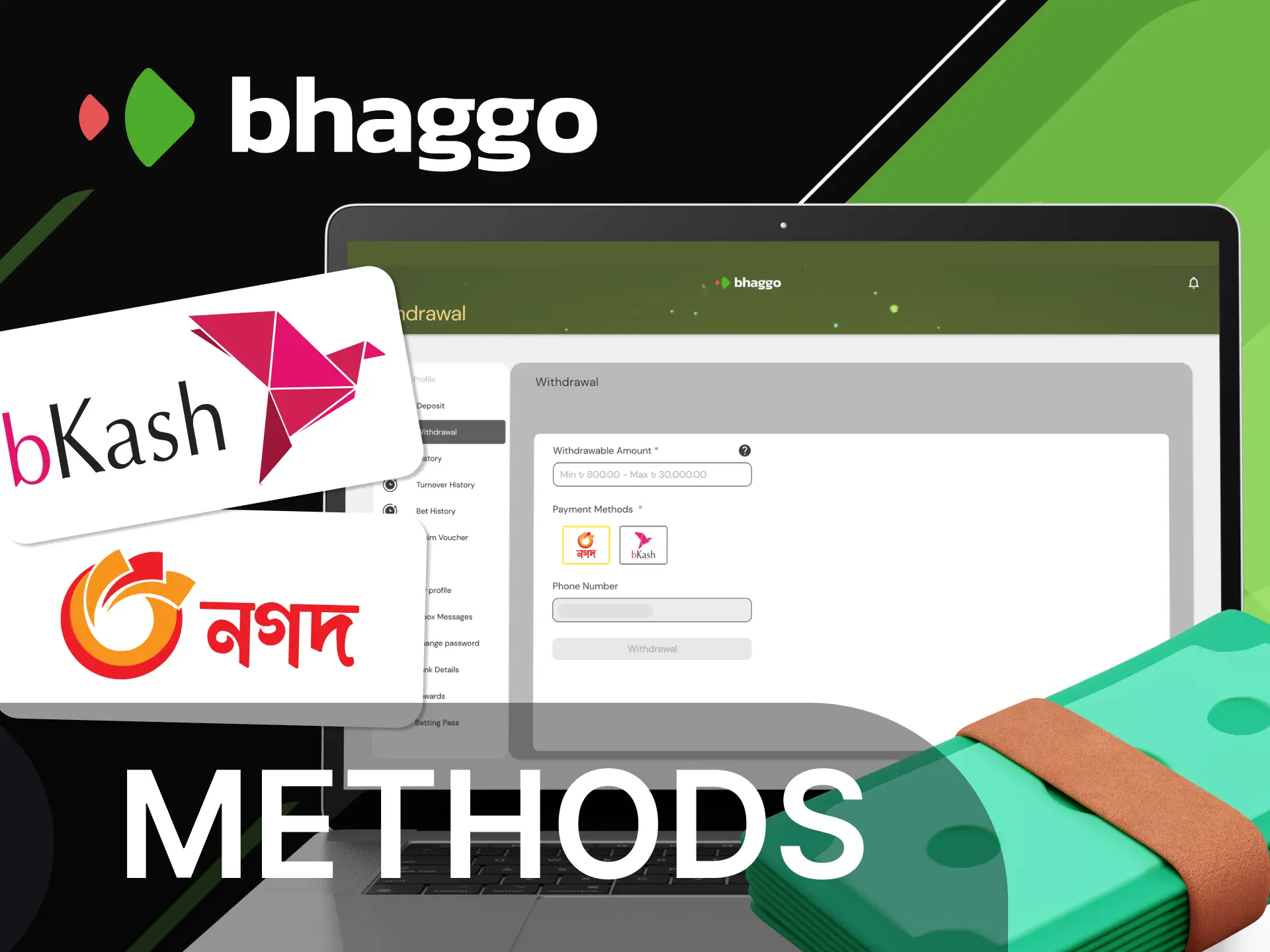 What withdrawal methods are available on the Bhaggo online casino website.