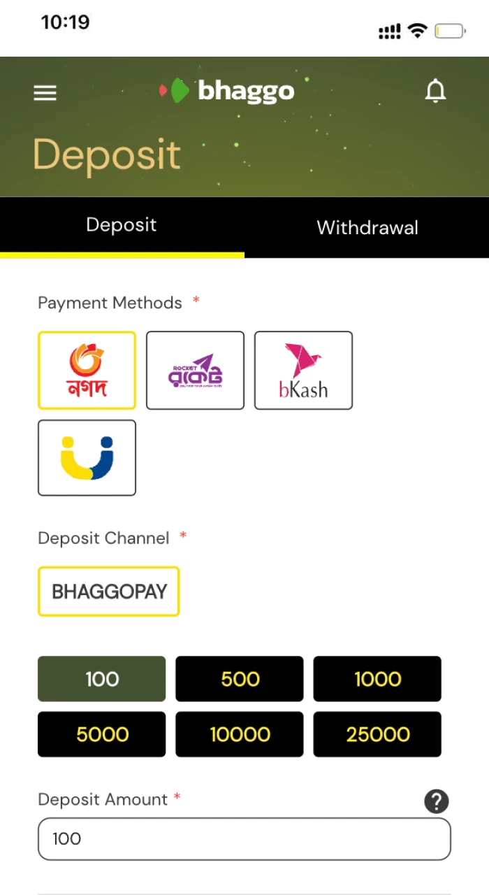 Make a deposit to start betting on cricket at Bhaggo.