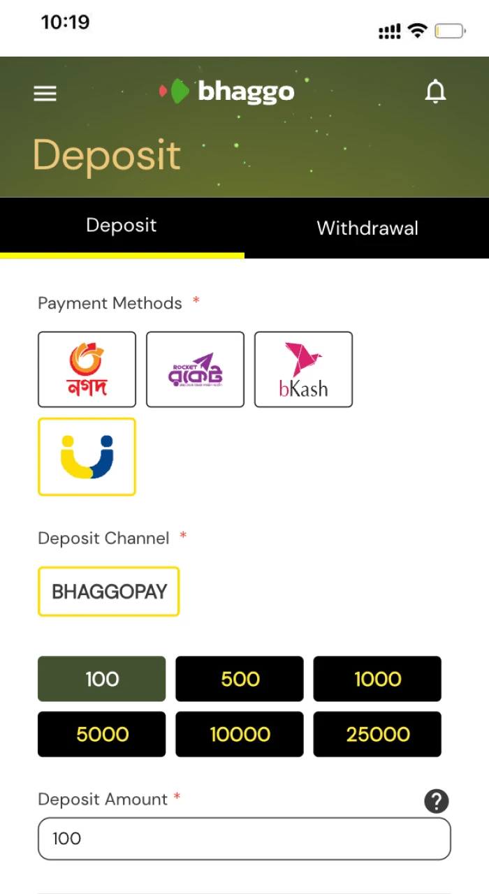 To begin playing slots make a deposit at Bhaggo.