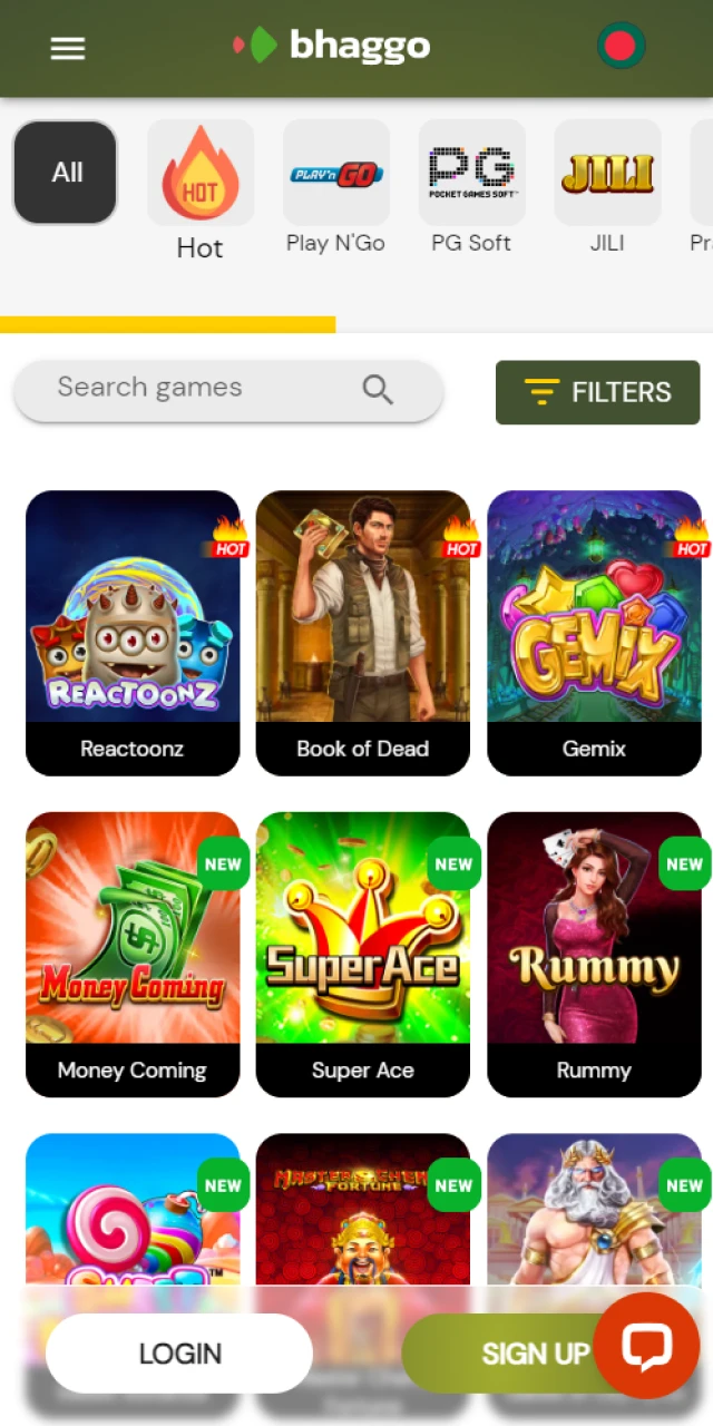 Casino games in the Bhaggo mobile app.